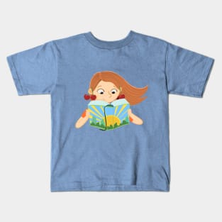 girl with cherries is reading a book with a sun on the cover Kids T-Shirt